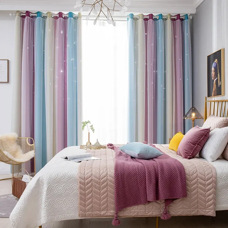 Regenboog uitgehold ster verduisteringsgordijn voor meisje, kinderkamer, slaapkamer en woonkamer, dubbellaags raam, schattig doorvoergordijn 240116