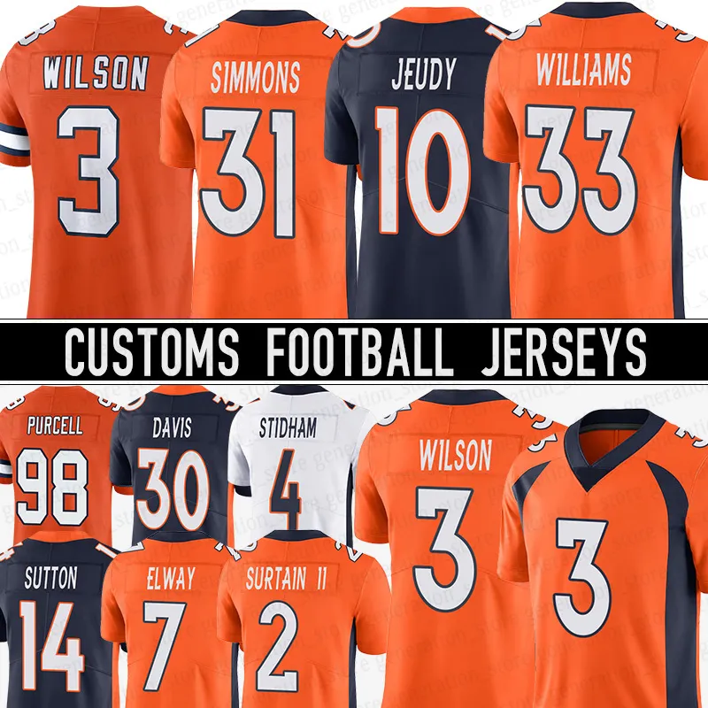 En gros de Russell Wilson Denvers Men Broncoes Jersey de football Justin Simmons Javonte Williams Pat Surtain II Jerry Jeudy John Elway Jaquan McMillian Marvin Mims Jr.