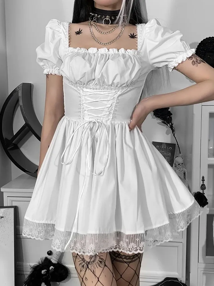 Süßes Kleid mit Puffärmeln, Y2K-Stil, quadratischer Ausschnitt, Kawaii-Spitzenbesatz, Partear-Lolita, süßes weißes Prinzessinnenkleid, elegante Partykleider 240117