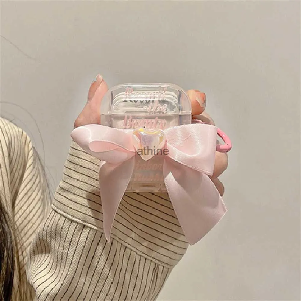 Cell Phone Cases Korean Cute 3D Transparent Pink Letter Big Bow Headphone Case For AirPods Pro 2 With Keychain Protective Case For AirPods 1 2 3 YQ240117