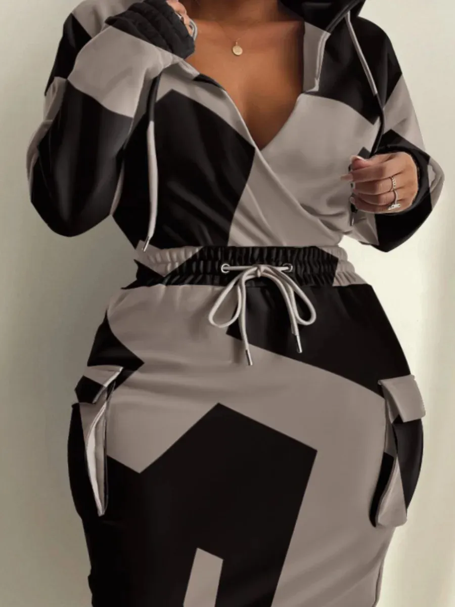 LWプラスサイズカジュアル女性幾何学的なプリントドローストリングフード付きスウェットシャツカーゴドレスポケットデザインエレガントなローブオフィス衣装240116