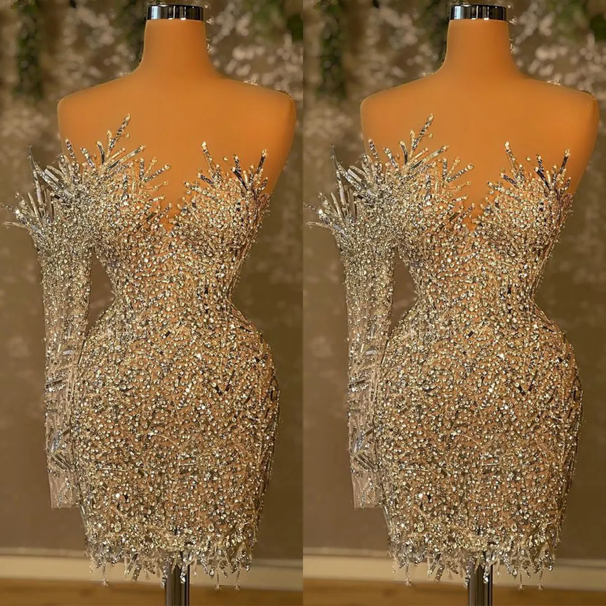 섹시한 미니 칼집 이브닝 드레스 1 어깨 긴 소매 구슬 스팽글 댄스 파티 드레스 칵테일 특별 행사 가운