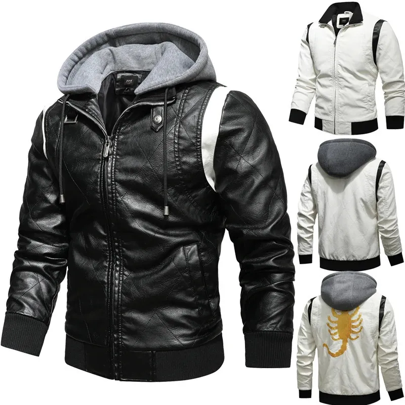 Autunno Inverno Bomber Giacca in pelle da uomo Scorpione Ricamo Giacca con cappuccio PU Pelle Moto Uomo Ryan Gosling Drive Jacket 240117