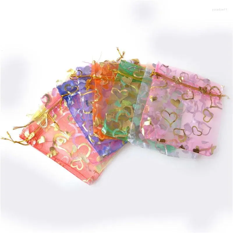 Shopping Bags 100pcs/lot 11x16cm Hearts Organza Wedding Christmas Drawstring Gift Bag Charm Jewelry Packaging & Pouches 8 Colors