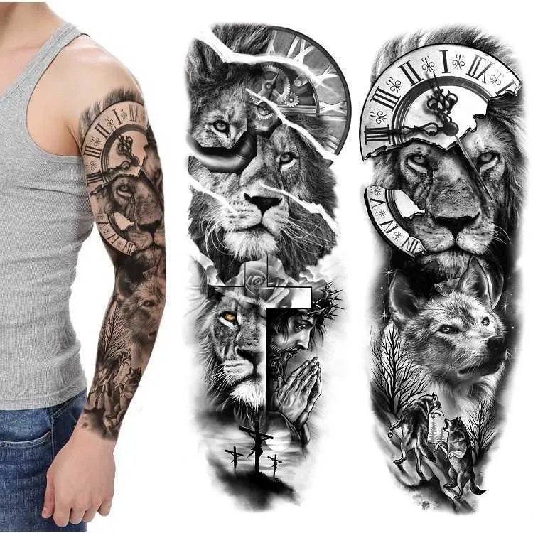 Voller Arm Blume großes Muster Wind Löwe Wolf sexy Simulation Tattoo Wassertransfer Tattoo Aufkleber