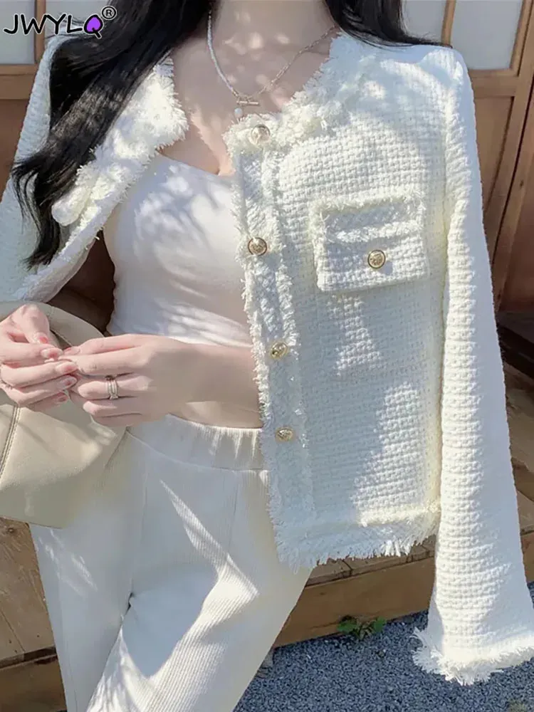 Белое однобортное твидовое шерстяное пальто с кисточками, повседневное элегантное пальто с воротником на воротнике, верхняя одежда, осенняя корейская женская верхняя одежда 240116