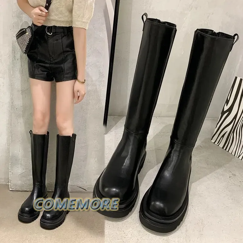 Fashion Woman's Platform Zipper Spring Autumn PU Leather Non-slip Knee High Designer Brand Casual Women Chunky Long Black Boots 240116