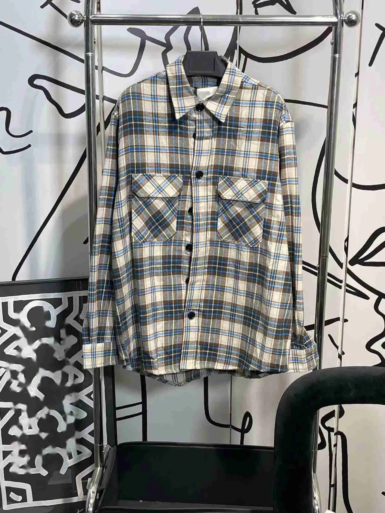 Clinee Autumn and Winter Plaid Shirt Double Pocket Long Sleeve Shirt Casual Loose Men's and Women's Jacket Vintage Small Fragrance Shirt Grey Blue Plaid Shirt