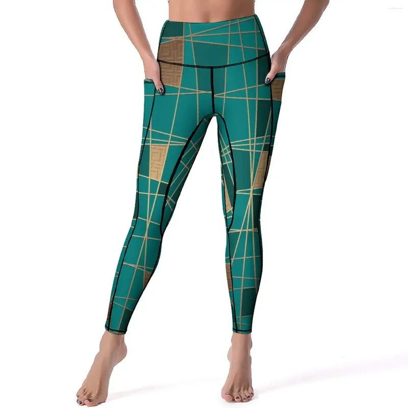 Kadın Taytlar Soyut Geometrik Yoga Pantolon Cepleri Altın Çizgiler Seksi Seksi Push Up Sıradan Spor Taytları Gergin
