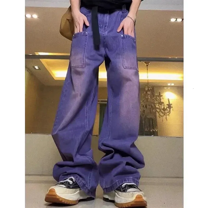 Lila hög midja jeans vintage tvättade kvinnor y2k lös casual gata hiphop rak byxor 240116