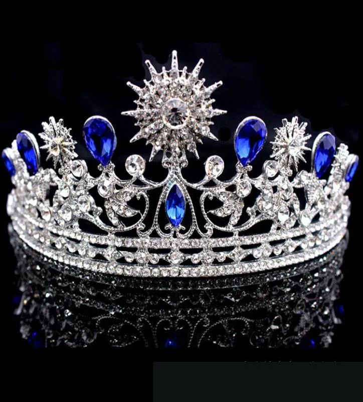 Retro Koningsblauw Bruiloft Kroon Tiara Hoofdtooi Voor Prom Quinceanera Feestkleding Kristal Kralen Opgestoken Half Haar Ornamenten Bruids Jewe2309302