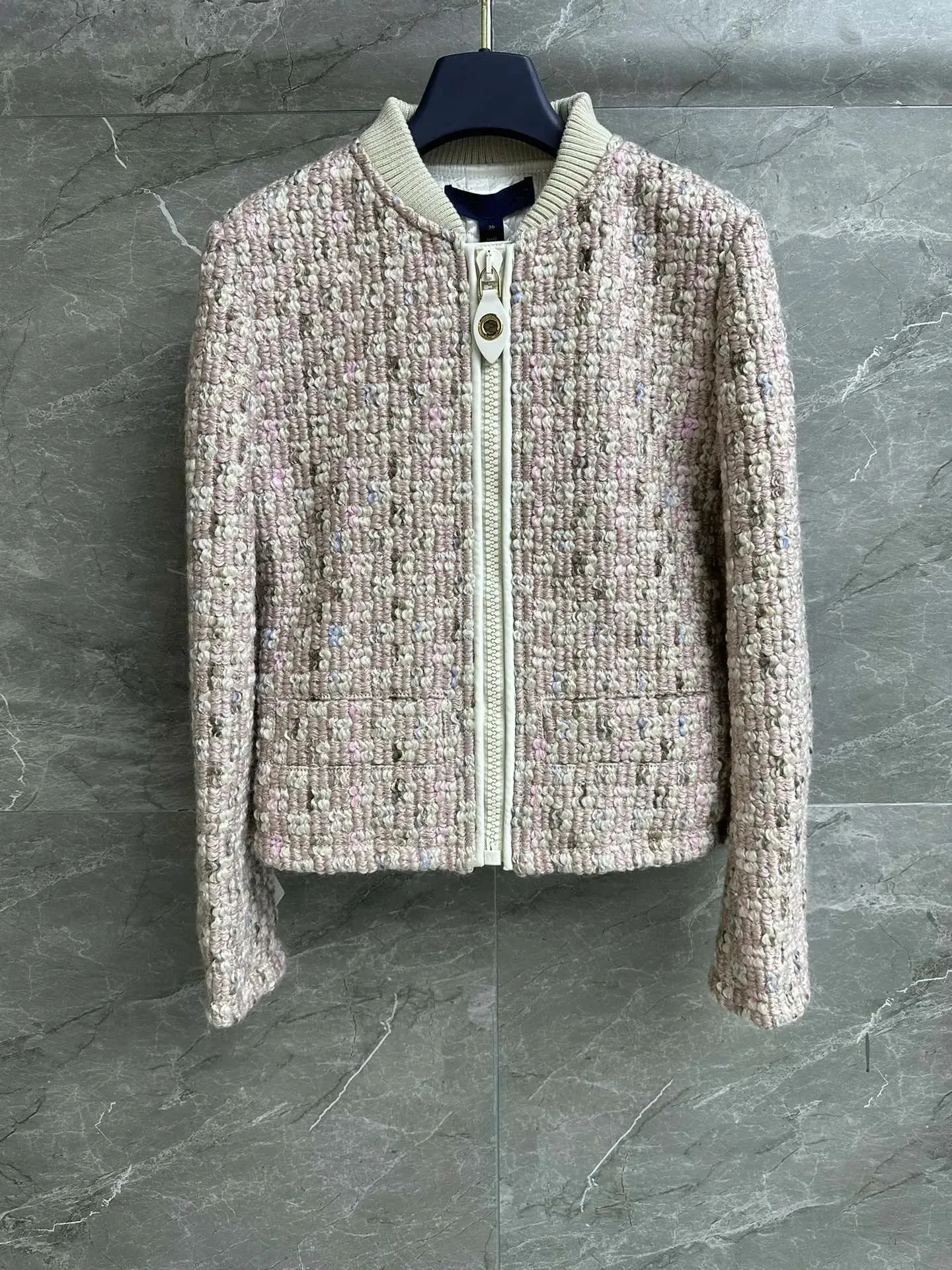 Automne hiver rose col debout fermeture éclair coupe ajustée Tweed manteau à manches longues femme veste 240116