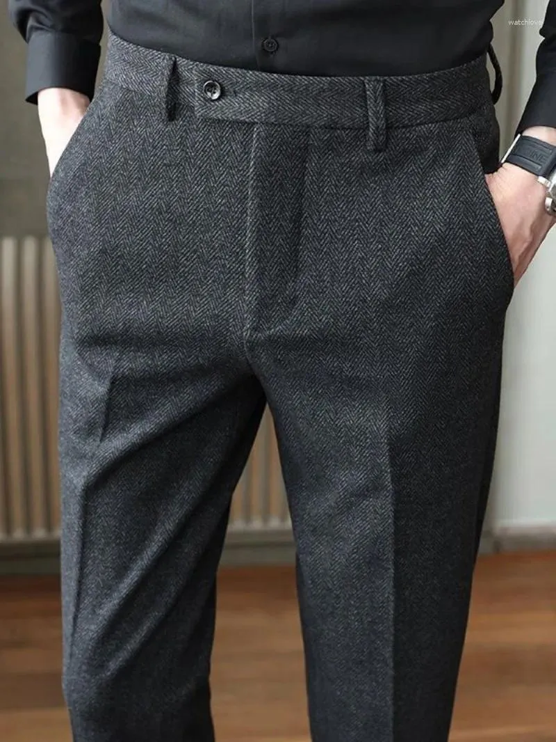 Pantaloni da uomo Autunno e inverno Pantaloni slim fit in lana a spina di pesce in lana macinata