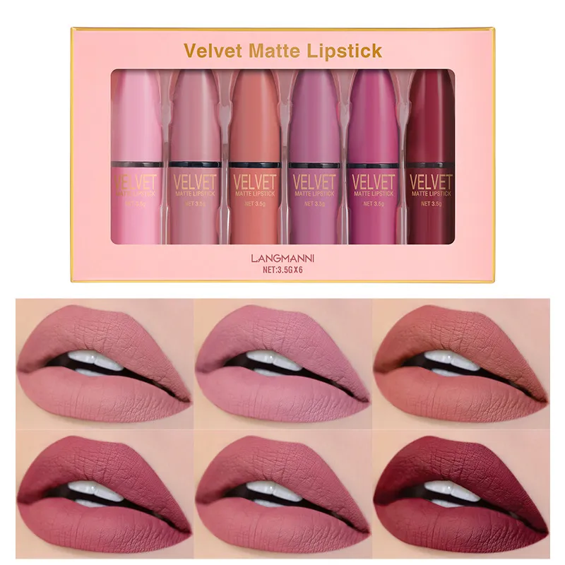 Neues mattes Lippenstift-Set, matt, nicht leicht zu verfärben, 6 Farben Lippenstift, Lipgloss