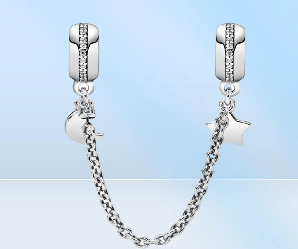 100% 925 argent sterling demi-lune et étoile chaîne de sécurité breloques adaptées au bracelet à breloques européen original mode femmes accessoires de bijoux de fiançailles de mariage9660988