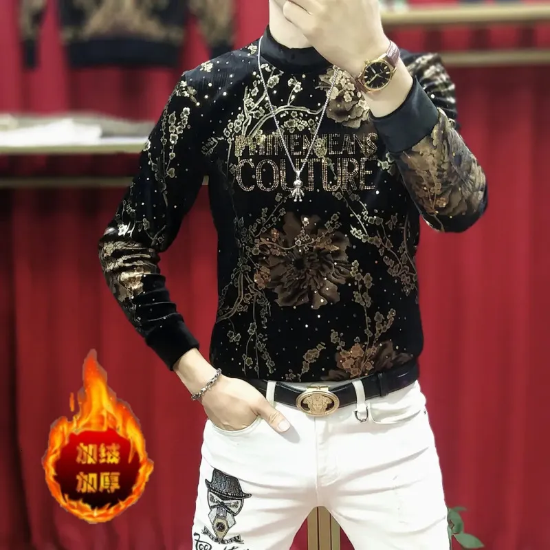 Luxury Velvet Royal Print Mens Long Sleeve Shirts Casual Slim Fit