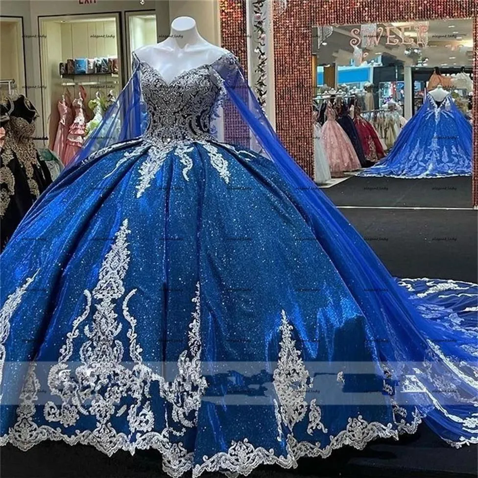 Azul real 2022 vestido de baile frisado renda quinceanera vestido com capa fora do ombro espartilho volta princesa doce 16 vestido de formatura252o