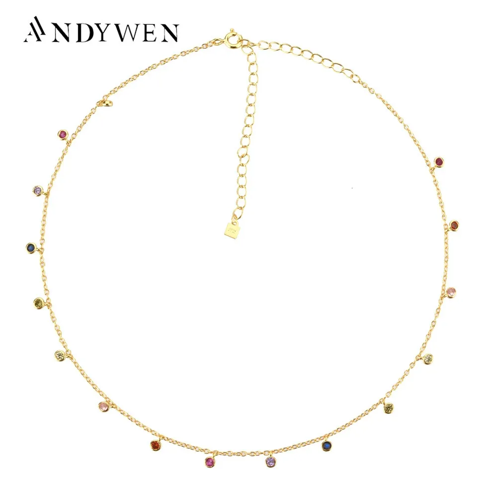 ANDYWEN 925 Sterling Silver Gold Rainbow Zircon Charm Choker Chain Necklace Rock Punk Party Beads Pendant Fine Jewelry 240117