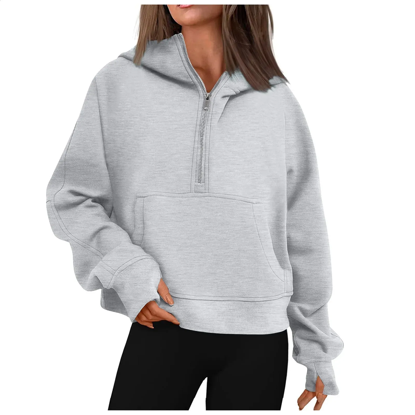 Outono e inverno feminino hoodies cor sólida solto curto meio zip bolsos polegar buraco manga longa pulôver camisolas 240117