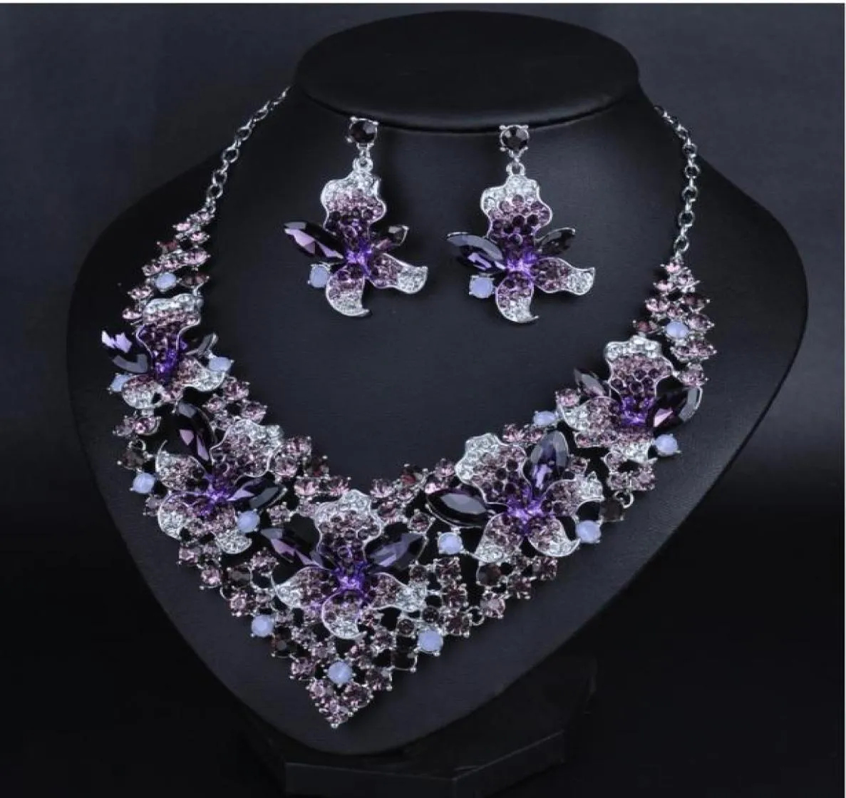 Shinning Purple Pink Blue Crystals Jewelry 2 Pieces Sets Necklace Earrings Bridal Jewelry Bridal Accessories Wedding Jewelry T30146261136