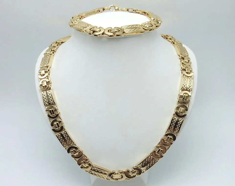 11 mm szerokość mody Srebrny naszyjnik ze stali nierdzewnej i bransoletka spersonalizowana 18 -karatowa plastowana biżuteria Bizantynowa zestaw biżuterii dla mężczyzn6879388