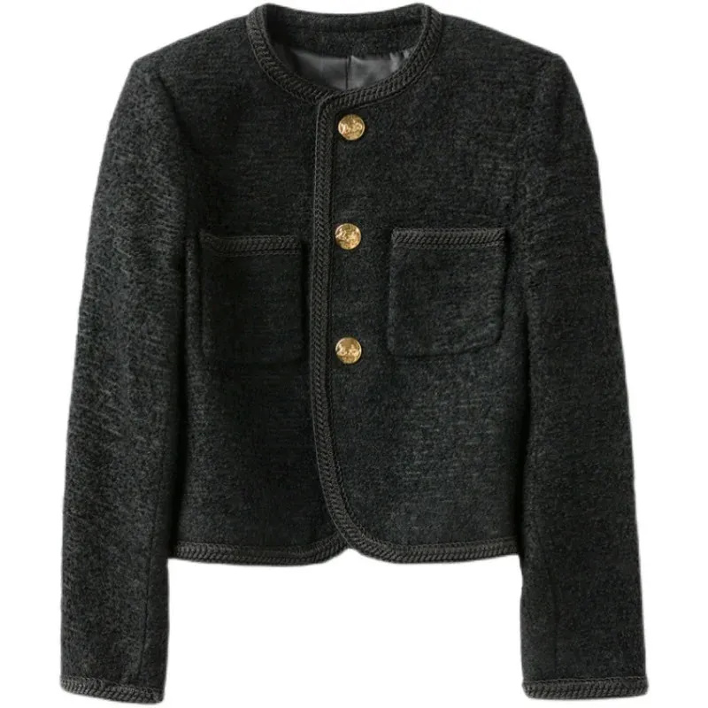 Promouvoir les ventes automne hiver femmes Tweed vestes recadrées mode coréenne col rond simple boutonnage mince manteau de laine avec bouton doré 240116