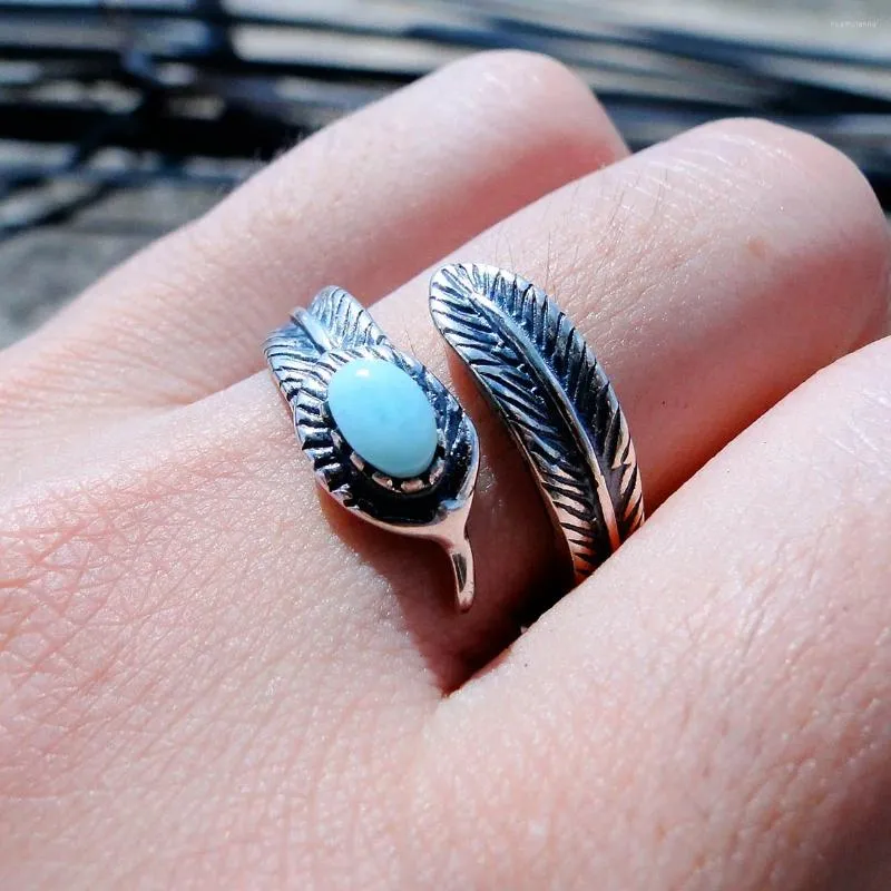 Cluster Rings 925 Sterling Silver Vintage Larimar Jewelry Design Women's Adjustable Ring