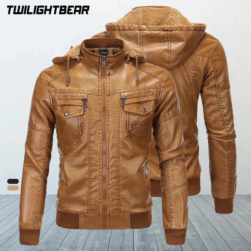 Vintermän läderjackor hane huva fleece coat eur size streetwear pu casual cyklist jackor män motorcykel jacka as1603 240117