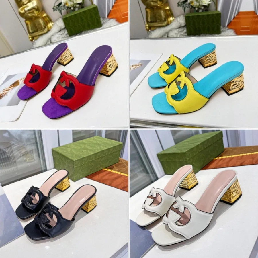 Designer GG Slides Sandale Rot Lila Wildleder Sandalen Mode Damen Bunte Gold Dicker Absatz Hausschuhe Double Letter Hollow Out Slides Größe 35-43