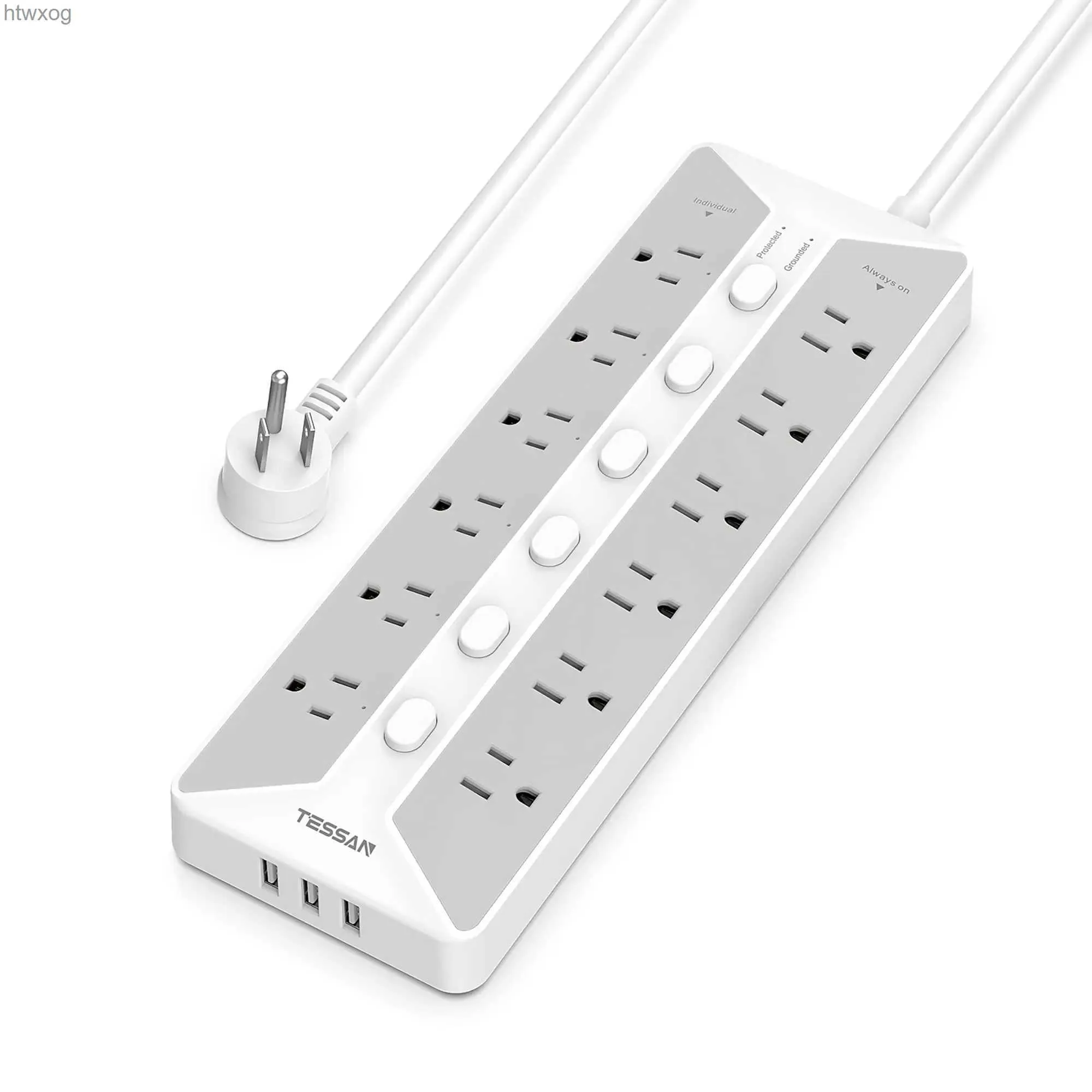 Power Cable Plug TESSAN Power Strip Surge Protector with Individual Switches 12 AC Outlets 3 USB Ports Flat Plug Power Strip wirh 6 FT Cable YQ240117