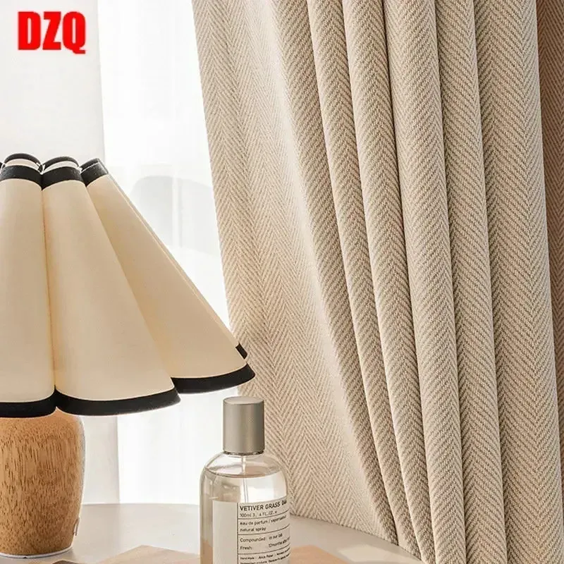 Cream Herringbone Blackout Luxury Curtain för vardagsrum Högkvalitativt japansk thed Cotton Linen Bedroom Custom Window Tulle 240117