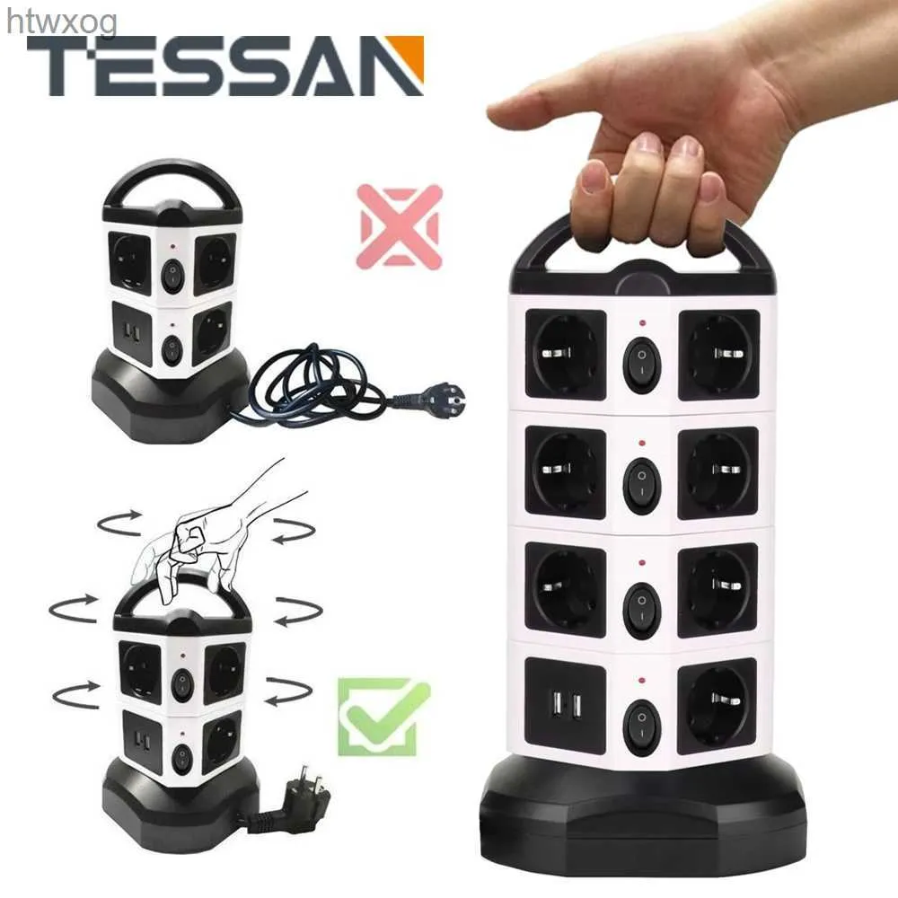 Stromkabelstecker TESSAN Vertical Tower Power Strip Mehrfachsteckdosen mit EU-Steckdosen USB-Anschlüsse 2M Verlängerungskabel Europa Korea Stecker Steckdose YQ240117