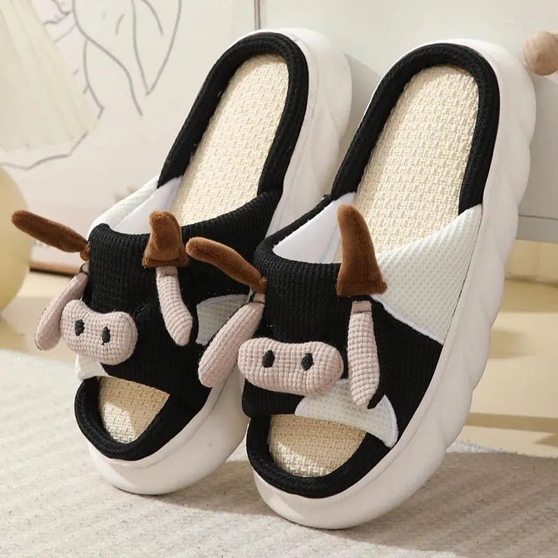 Slippers Tulx Women's Kawaii Cow Four Seasons Universal Indoorfamily Bedroom Linen Cotton Men Men and Linnen Shoes