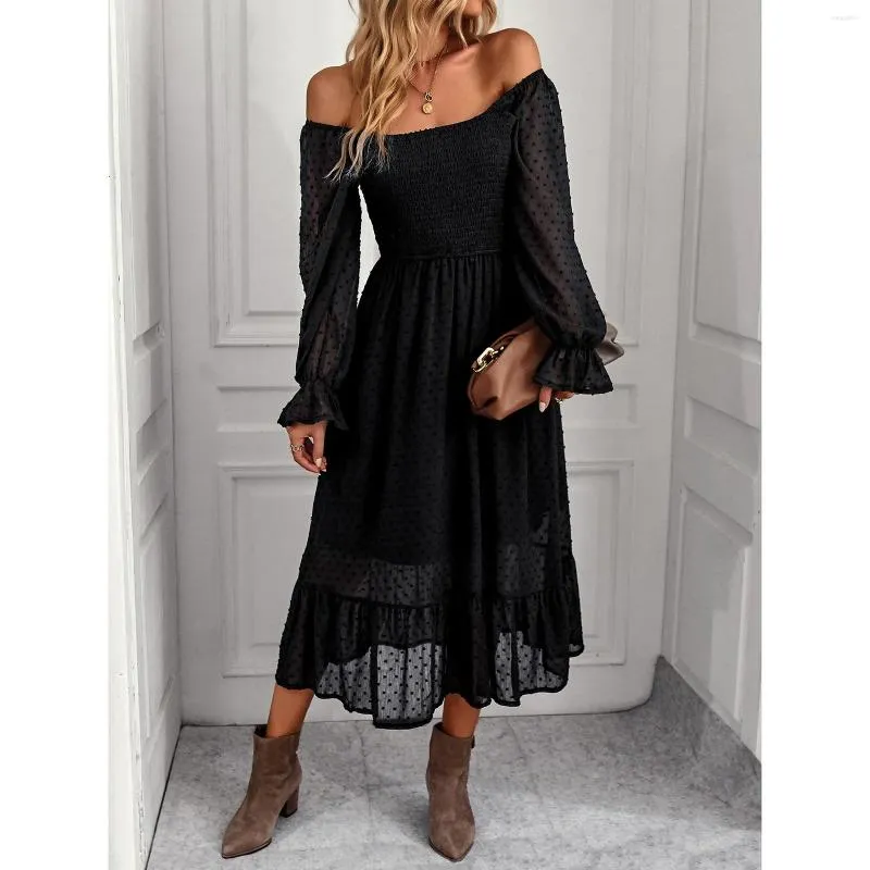 Casual Dresses Fashion Elegant Polka Dot Print Holiday Long Dress Women Sexy Backless Mesh Patchwork Maxi Flare Sleeve Robes