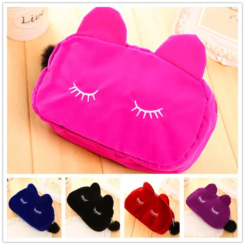 Het makeup kosmetiska väskor fodral bärbar tecknad kattmynt förvaringsfodral resa makeup flanell påse kosmetisk väska 5 färger zz