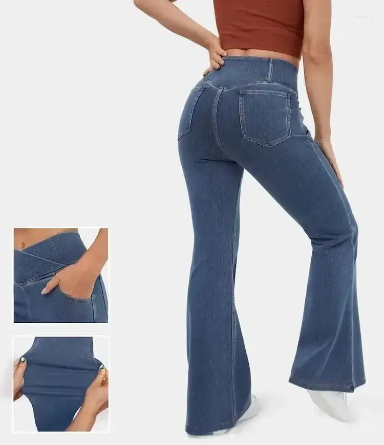 Kvinnors jeans stretchiga denim hög midja crossover flare byxor joggar svettbyxor ficka yoga cowboy sexig stretch tyg flared byxor