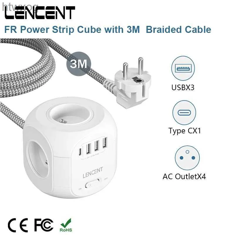 Güç Kablosu Fiş lencent Fr Güç Strip Küpü 4 AC Çıkış 3 USB Port 1 Tip C 3M Örgülü Cabe Çok Soket Güç Adaptörü Anahtar için Anahtar YQ240117