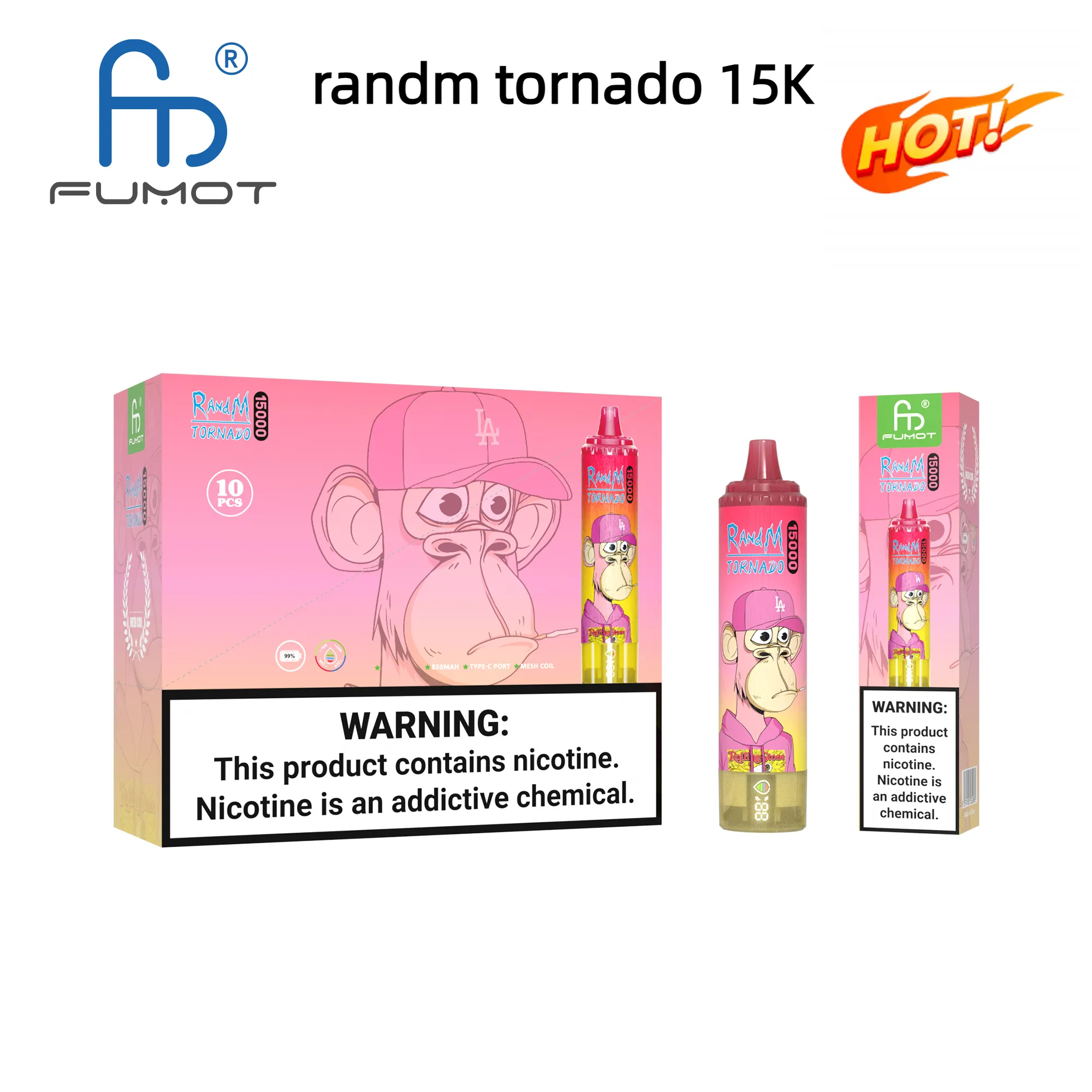 Оригинальный RandM Fumot Tornado 15000 15K затяжек 850 мАч Тип-C Зарядка 25 мл Предварительно заполненный контейнер с дисплеем батареи 41 вкус 0% 2% 5% Одноразовые электронные сигареты vaper 15000