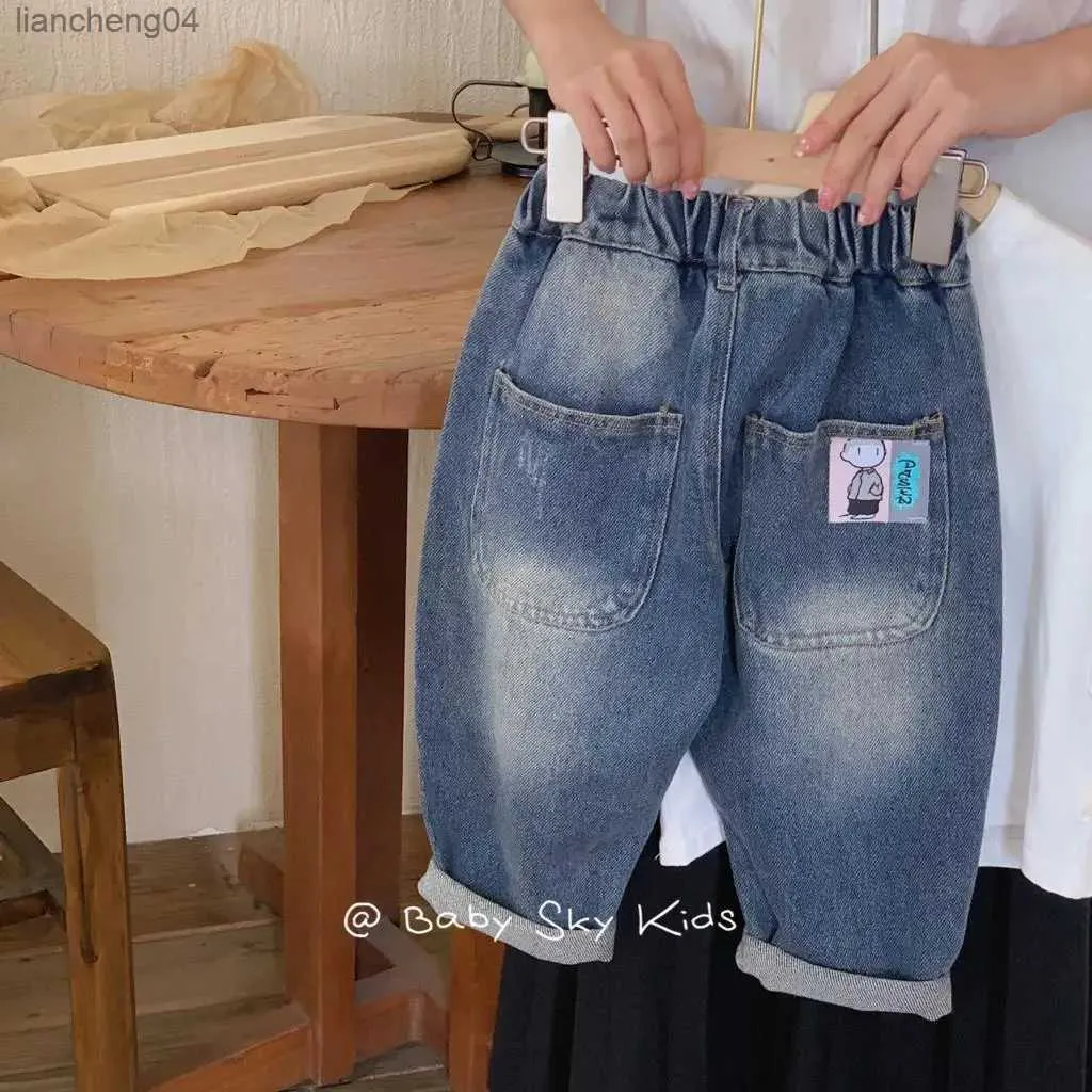 Jeans vårhöst barn pojkar jeans tecknad tryck elastisk midja enkel mångsidig baby pojkar byxor avslappnad vintage barn pojkar byxor