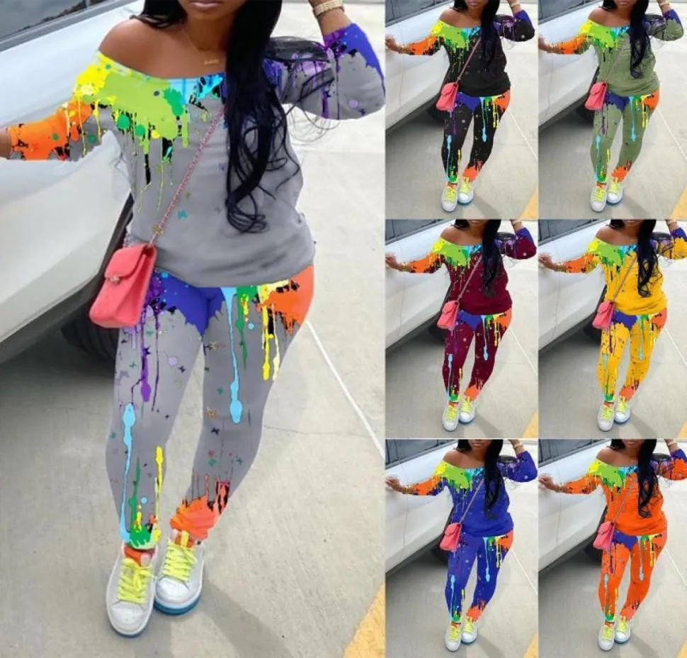 Womens Running Tracksuit Casual Loose Graffiti Print OffShoulder Plus Size Top And Pants Sweatshirt Sports Suit Gym Clothes7913023