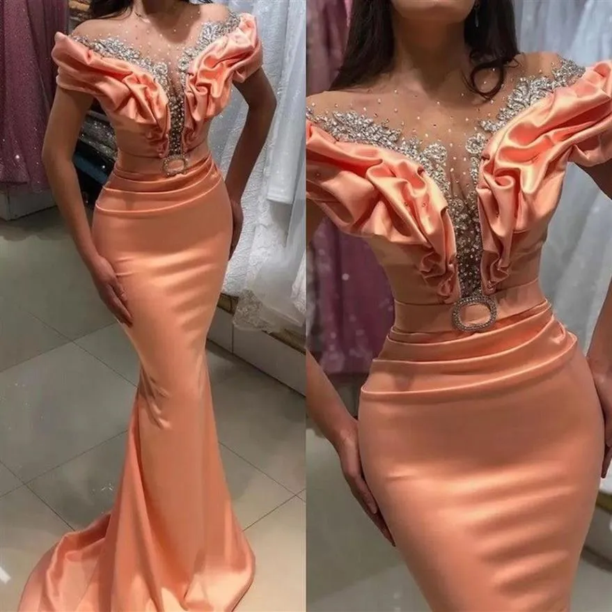 Aso Ebi 2022 Arabic Plus Size Mermaid Sheer Neck Evening Dresses Beaded Crystals Satin Prom Formal Party Second Reception Gowns B0339w