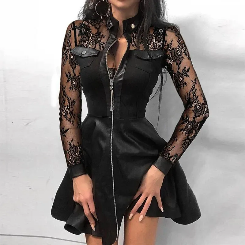 Winter Elegant Mini Dress with Zipper Pockets, Lace Mesh Sleeves, and Stand Neck Button for Women - PU Leather Patchwork Black party Dress online (