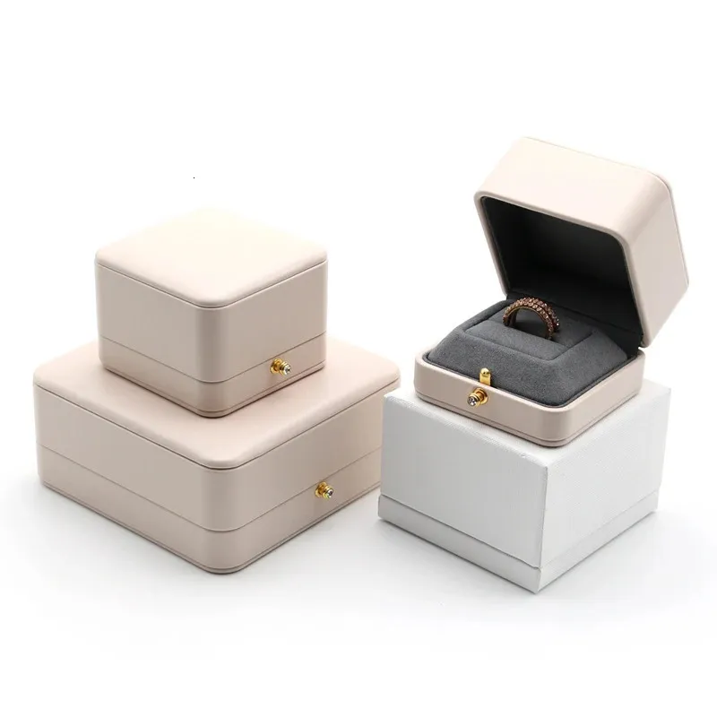 Bege caixa de jóias de couro do plutônio anel brinco titular embalagem caso presente casamento anel caixa de armazenamento de jóias organizador caixão 240117