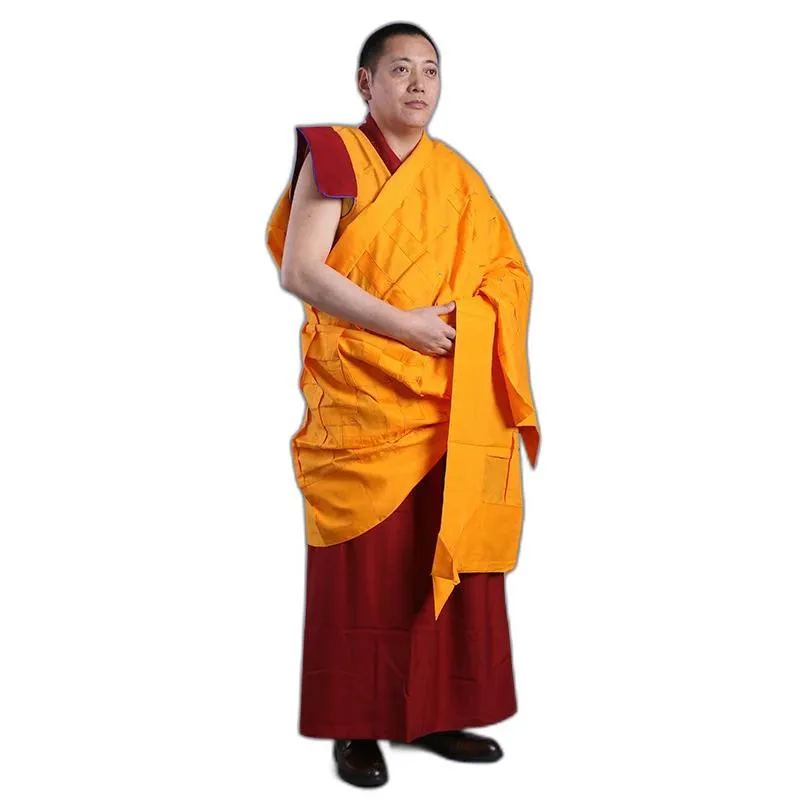 Terrapin Trading Abito Autentico Monaco Tibetano 3 Pezzi - Taglia Media In Cotone - Veste, Camicia Gialla E Sciarpa - Fatto In Nepal
