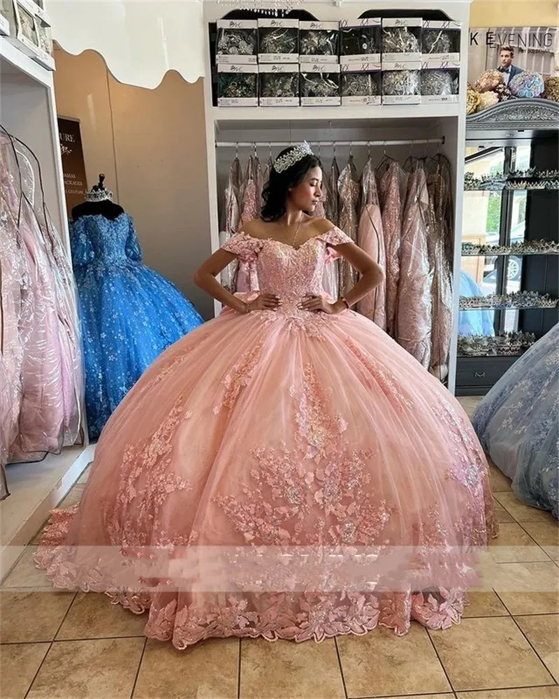 Princess Pink Off The Shoulder Ball Gown Quinceanera Dresses Beaded Celebrity Party Gowns Appliques Graduation Bow Vestido De 15