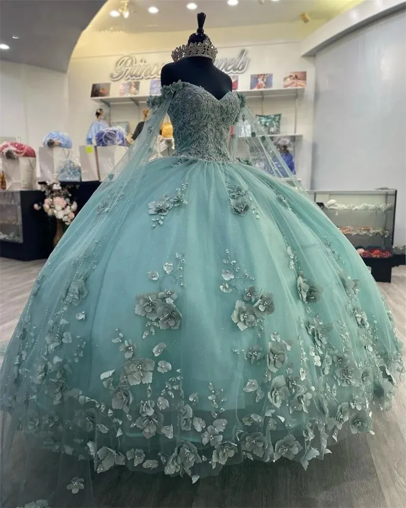 Grüne Prinzessin Off Sage the Shoulder Ballkleid Quinceanera Kleider für Mädchen Perlen Promi Party Kleider 3D Blumen mit Cape s