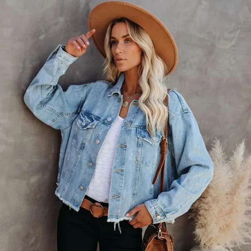 Spring Autumn Loose Street Hipster Women Denim Jacket Burrs Long Sleeve Kort kappa för jeans Plus Size Outwear 240116