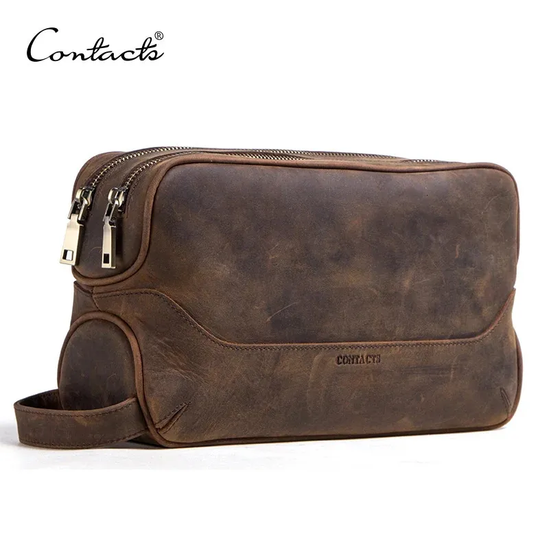 Kontaktens Crazy Horse Cow Leather Cosmetic Bag For Men Travel toalettväska Stora kapacitet tvättväskor människans sminkväskor arrangör 240116