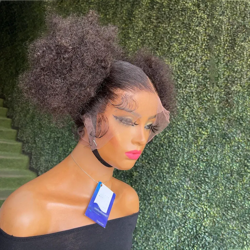 Короткий афро вьющийся парик из натуральных волос Боб 360 Полный парик фронта шнурка для женщин предварительно выщипанный бесклеевой кудрявый синтетический парик шнурка