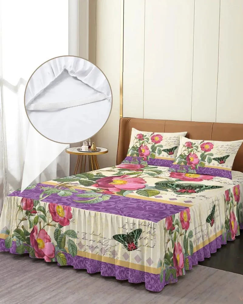 Spódnica z łóżkiem antyczna roślina kwiat motyla elastyczna pasja z poduszkami z poduszkami materaca pokrywka pościel